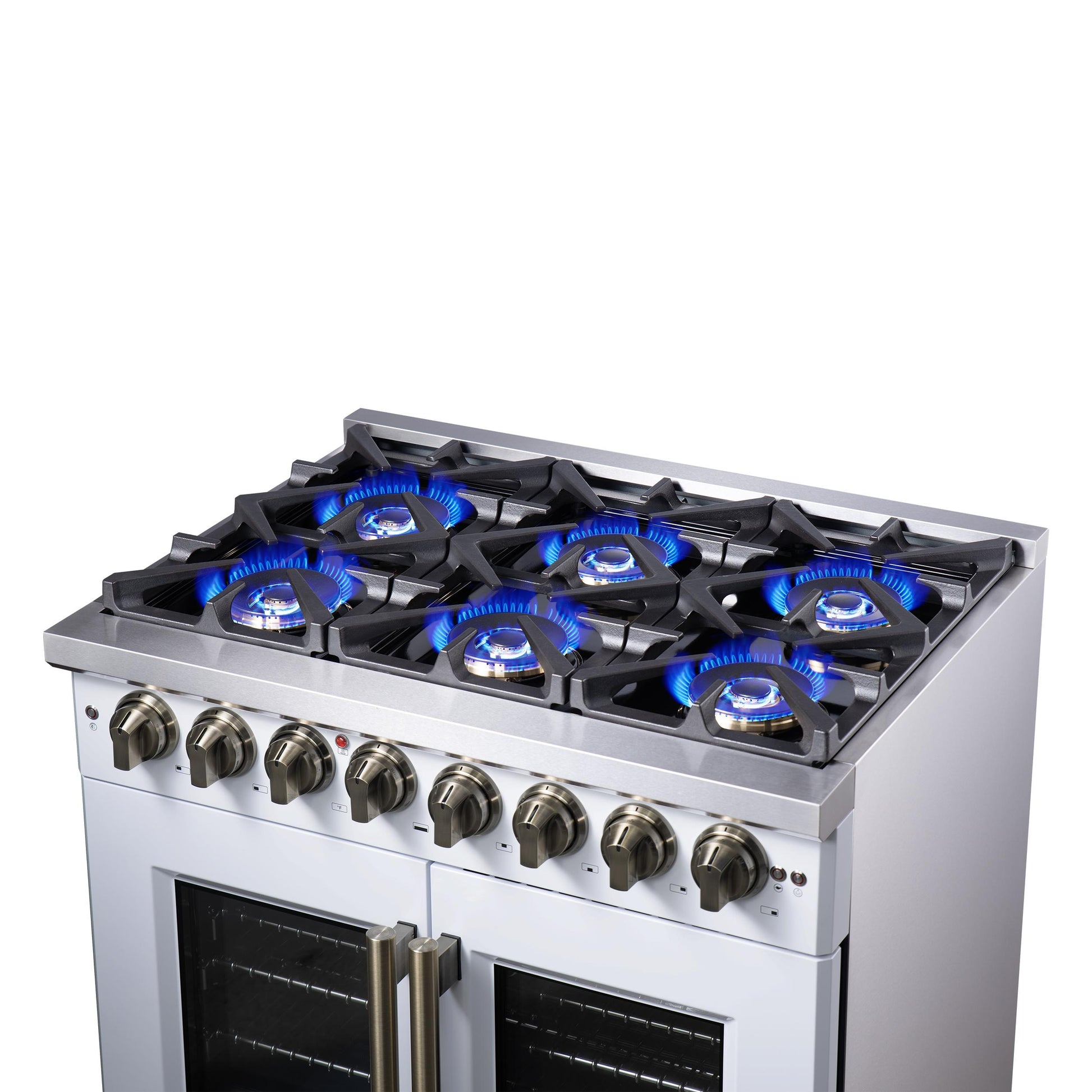 Forno FFSGS638736WHT Forno Capriasca 36 Inch Freestanding French Door Dual Fuel Range In White With Antique Brass Accessories, 6 Burners, True Convection Oven