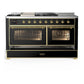 Ilve UM60FSNR3BKG Ilve Um60Fsnr3Bkg Majestic Iii 60 Inch Dual Fuel Range With 7 Burners, Griddle And French Top, Dual Function Burner With Up To 25,000 Btu (Natural Gas, Triple Glass Door, Glossy Black, Brass)