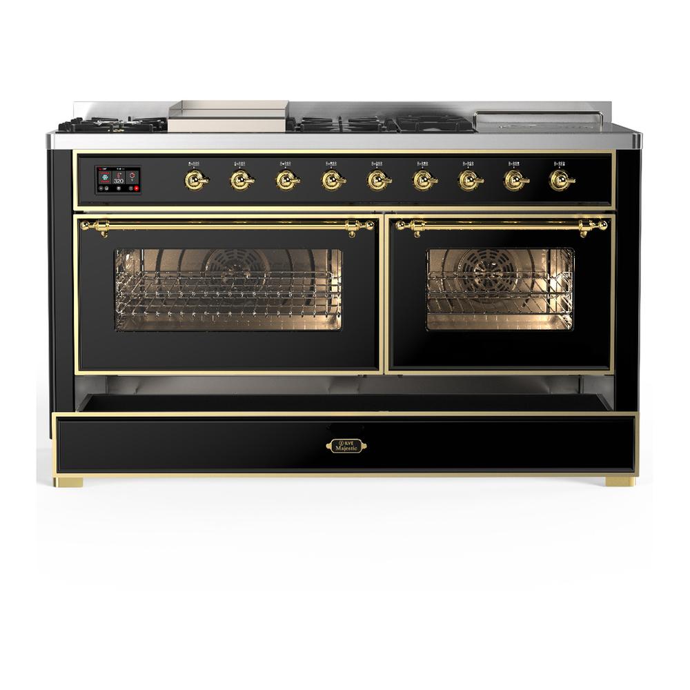 Ilve UM60FSNR3BKG Ilve Um60Fsnr3Bkg Majestic Iii 60 Inch Dual Fuel Range With 7 Burners, Griddle And French Top, Dual Function Burner With Up To 25,000 Btu (Natural Gas, Triple Glass Door, Glossy Black, Brass)