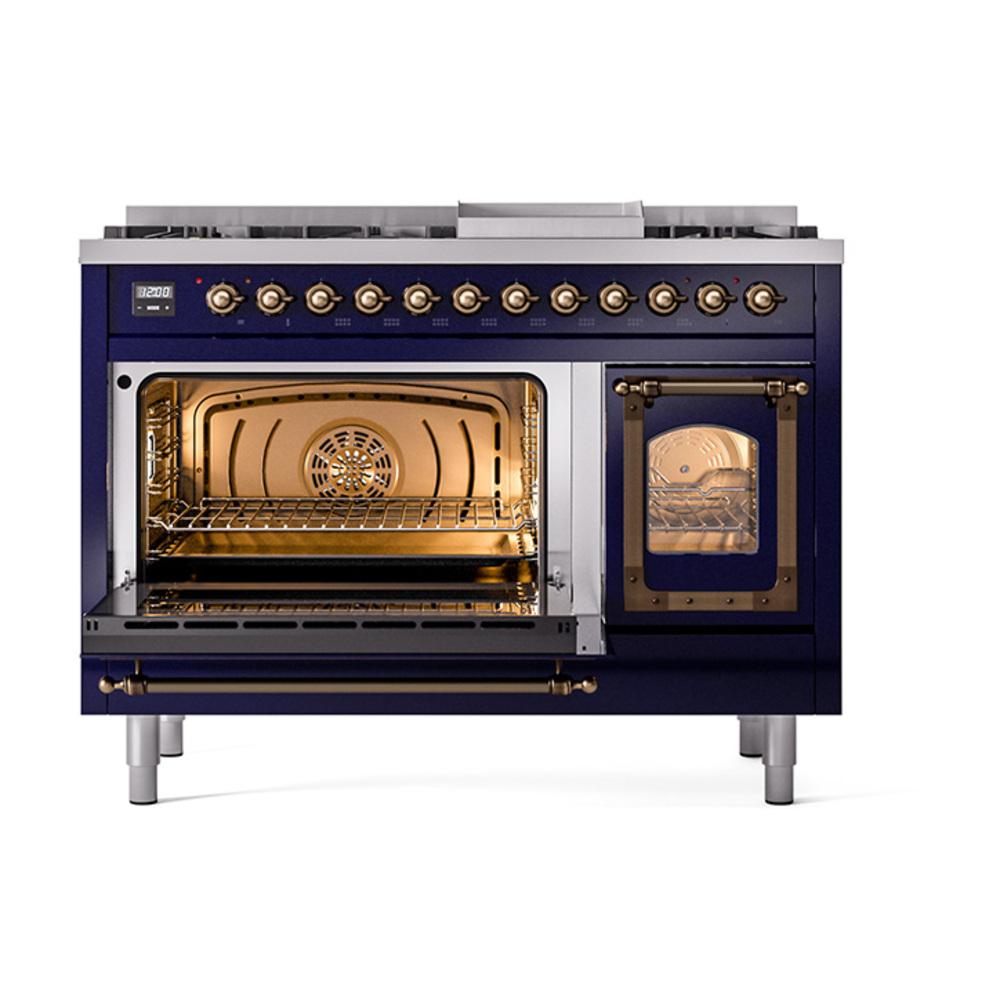 Ilve UN48FNMPMBBLP Ilve Un48Fnmpmbblp Nostalgie Ii Noblesse 48" Dual Fuel Range (8 Sealed Burners + Griddle, Liquid Propane, Triple Glass Door, Midnight Blue, Burnished)