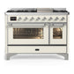 Ilve UM48FNR3AWCLP Ilve Um48Fnr3Awclp Majestic Iii 48 Inch Dual Fuel Range With 8 Burners And Griddle, Dual Function Burner Up To 25,000 Btu (Liquid Propane, Triple Glass Door, Antique White, Chrome)