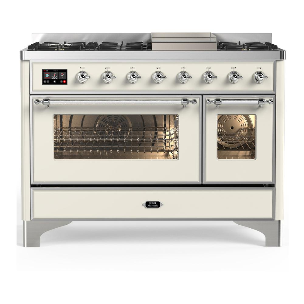 Ilve UM48FNR3AWCLP Ilve Um48Fnr3Awclp Majestic Iii 48 Inch Dual Fuel Range With 8 Burners And Griddle, Dual Function Burner Up To 25,000 Btu (Liquid Propane, Triple Glass Door, Antique White, Chrome)