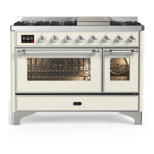 Ilve UM48FNR3AWCLP Ilve Um48Fnr3Awclp Majestic Iii 48 Inch Dual Fuel Range With 8 Burners And Griddle, Dual Function Burner Up To 25,000 Btu (Liquid Propane, Triple Glass Door, Antique White, Chrome)