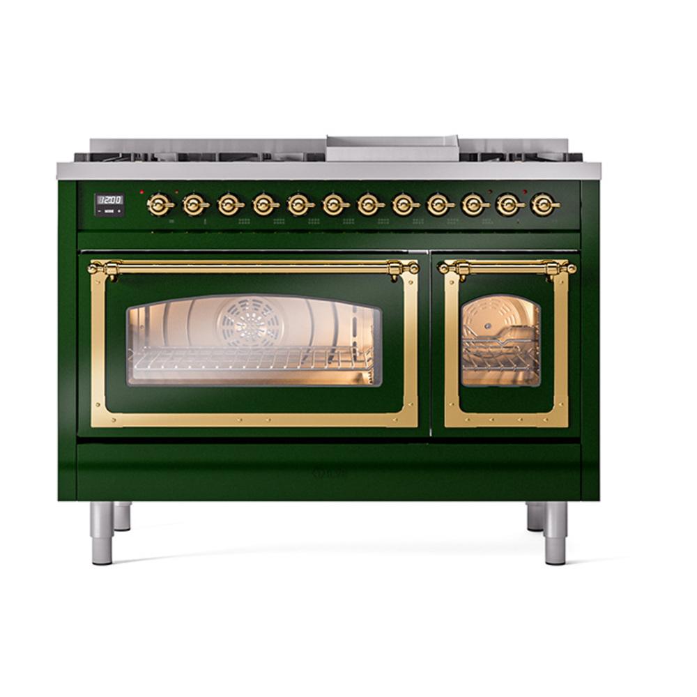 Ilve UN48FNMPEGGLP Ilve Un48Fnmpegglp Nostalgie Ii Noblesse 48" Dual Fuel Range (8 Sealed Burners + Griddle, Liquid Propane, Triple Glass Door, Emerald Green, Brass)