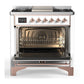 Ilve UM36FQNR3WHP Ilve Um36Fqnr3Whp Majestic Iii 36 Inch Dual Fuel Range With 6 Black Brass Burners And Griddle, Dual Function Burner Up To 25,000 Btu (Solid Door, White, Copper, Natural Gas)