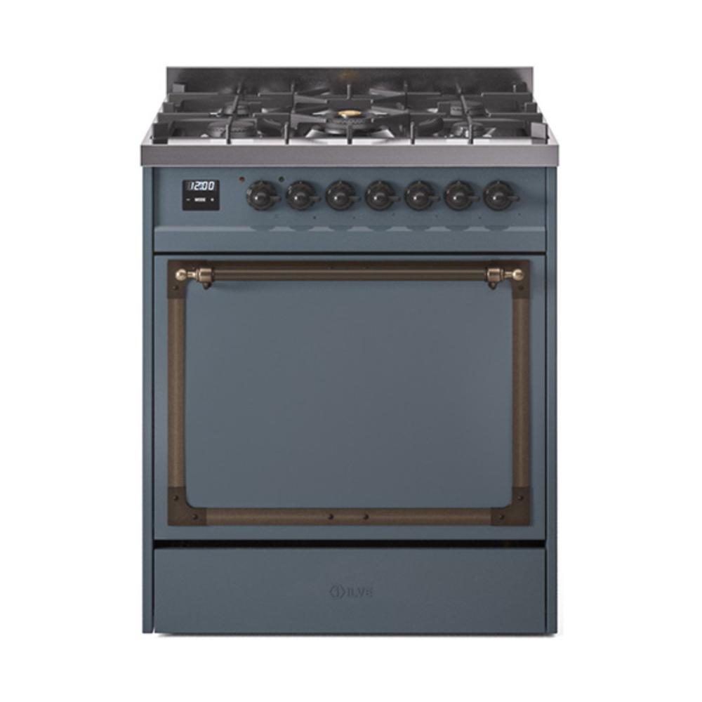Ilve UN30QNMPBGBLP Ilve Un30Qnmpbgblp Nostalgie Ii Noblesse 30" Dual Fuel Range (Liquid Propane, Solid Door, Blue Grey, Burnished)