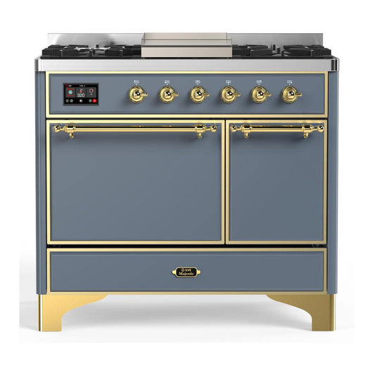 Ilve UMD40FQNR3BGG Ilve Umd40Fqnr3Bgg Majestic Iii 40 Inch Dual Fuel Range With 6 Burners And Griddle, Dual Function Burner Up To 25,000 Btu (Natural Gas, Solid Door, Blue Grey, Brass)