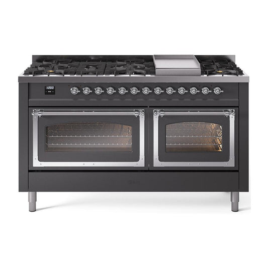 Ilve UN60FNMPMGCLP Ilve Un60Fnmpmgclp Nostalgie Ii Noblesse 60" Dual Fuel Range (9 Sealed Burners + Griddle, Liquid Propane, Triple Glass Door, Graphite Matte, Chrome)