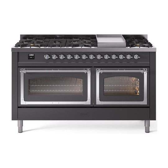 Ilve UN60FNMPMGCLP Ilve Un60Fnmpmgclp Nostalgie Ii Noblesse 60" Dual Fuel Range (9 Sealed Burners + Griddle, Liquid Propane, Triple Glass Door, Graphite Matte, Chrome)