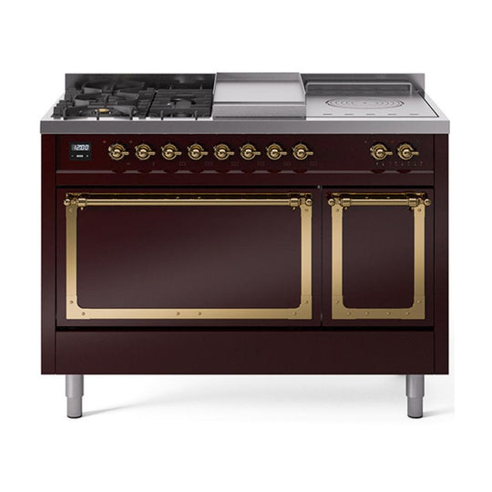 Ilve UN48FSQNMPBUGLP Ilve Un48Fsqnmpbuglp Nostalgie Ii Noblesse 48" Dual Fuel Range (5 Sealed Burners + Griddle + French Top, Liquid Propane, Solid Door, Burgundy, Brass)