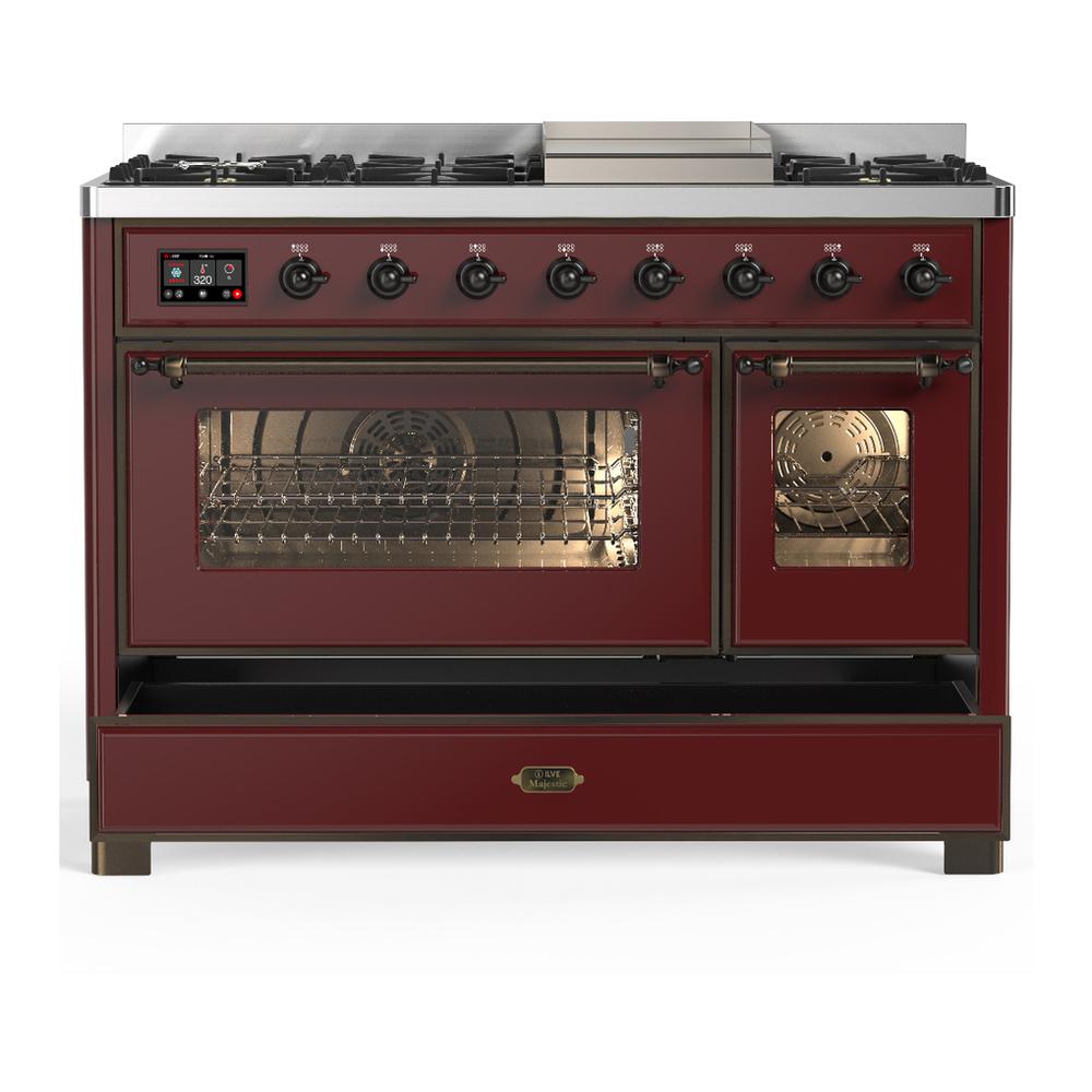 Ilve UM48FNR3BUB Ilve Um48Fnr3Bub Majestic Iii 48 Inch Dual Fuel Range With 8 Burners And Griddle, Dual Function Burner Up To 25,000 Btu (Natural Gas, Triple Glass Door, Burgundy, Burnished)