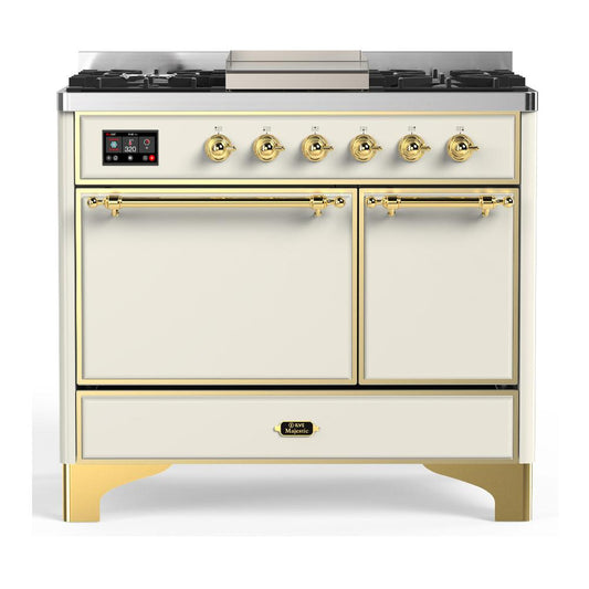 Ilve UMD40FQNR3AWG Ilve Umd40Fqnr3Awg Majestic Iii 40 Inch Dual Fuel Range With 6 Burners And Griddle, Dual Function Burner Up To 25,000 Btu (Natural Gas, Solid Door, Antique White, Brass)