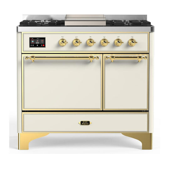 Ilve UMD40FQNR3AWG Ilve Umd40Fqnr3Awg Majestic Iii 40 Inch Dual Fuel Range With 6 Burners And Griddle, Dual Function Burner Up To 25,000 Btu (Natural Gas, Solid Door, Antique White, Brass)