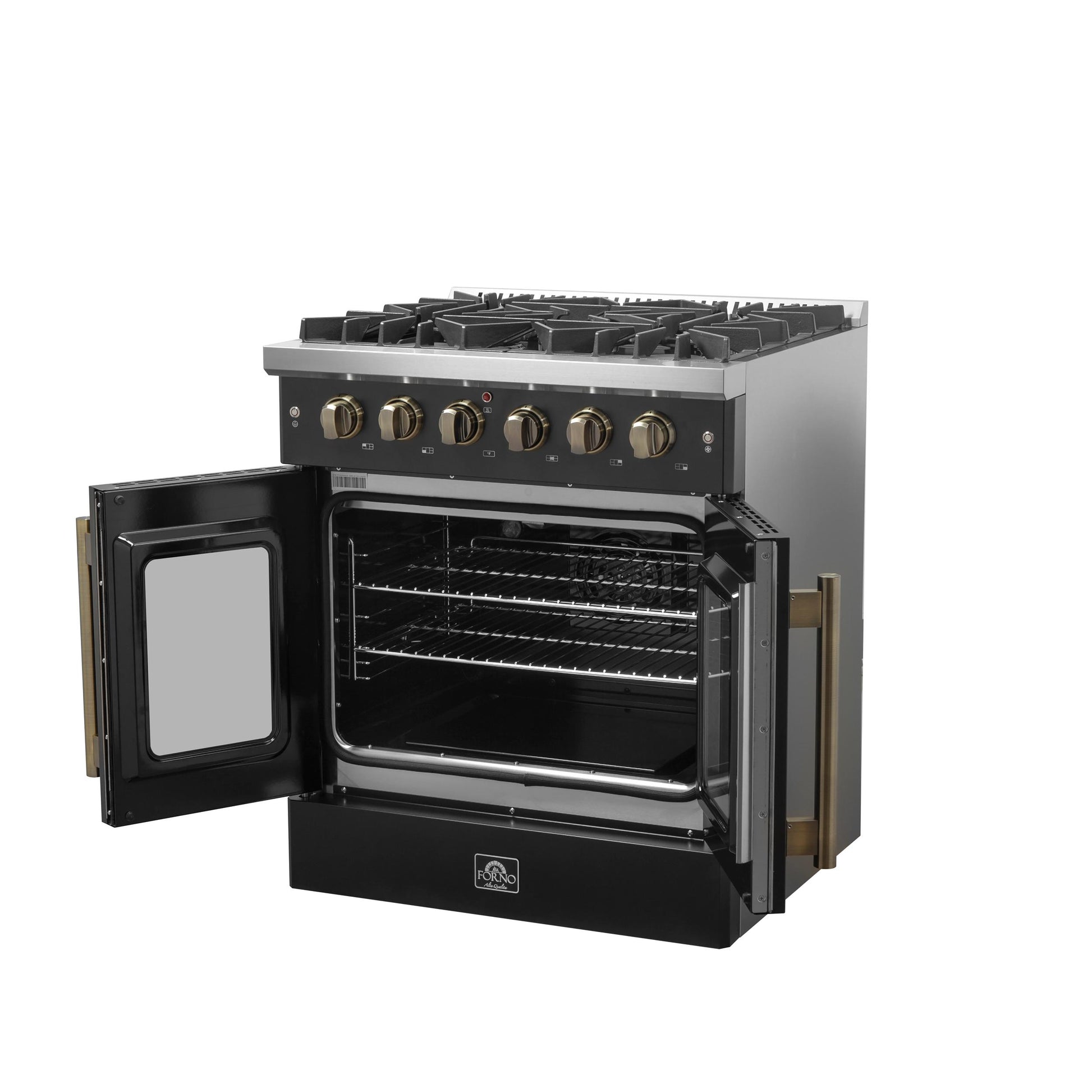 Forno FFSGS644430BLK Forno Galiano 30-Inch French Door Gas Range Black And Antique Brass Design, 5 Sealed Burners 68,000 Btu, 4.32 Cu.Ft. Convection Oven