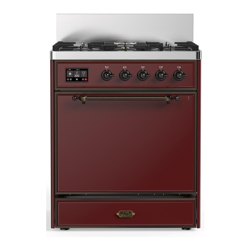 Ilve UM30QNR3BUBLP Ilve Um30Qnr3Bublp Majestic Iii 30 Inch Dual Fuel Range With 5 Black Brass Burners, Dual Function Burner Up To 25,000 Btu (Liquid Propane, Solid Door, Burgundy, Burnished)