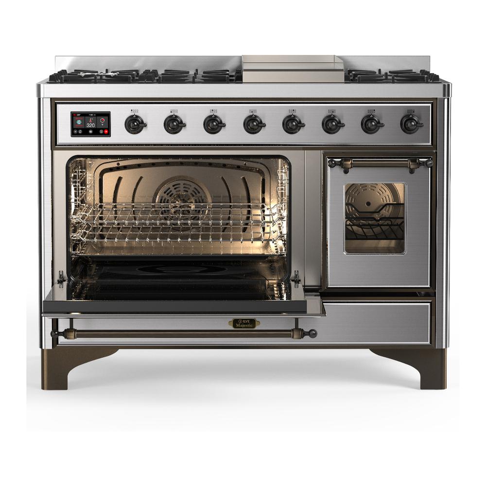 Ilve UM48FNR3SSB Ilve Um48Fnr3Ssb Majestic Iii 48 Inch Dual Fuel Range With 8 Burners And Griddle, Dual Function Burner Up To 25,000 Btu (Natural Gas, Triple Glass Door, Stainless Steel, Burnished)
