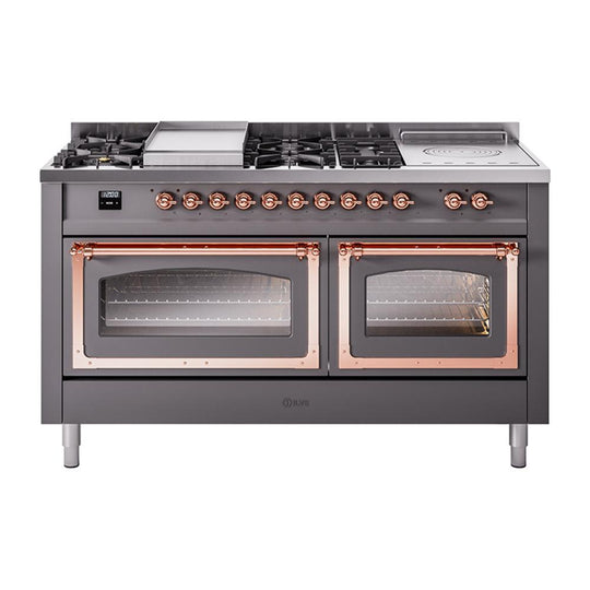 Ilve UN60FSNMPMGPLP Ilve Un60Fsnmpmgplp Nostalgie Ii Noblesse 60" Dual Fuel Range (7 Sealed Burners + Griddle + French Top, Liquid Propane, Triple Glass Door, Graphite Matte, Copper)