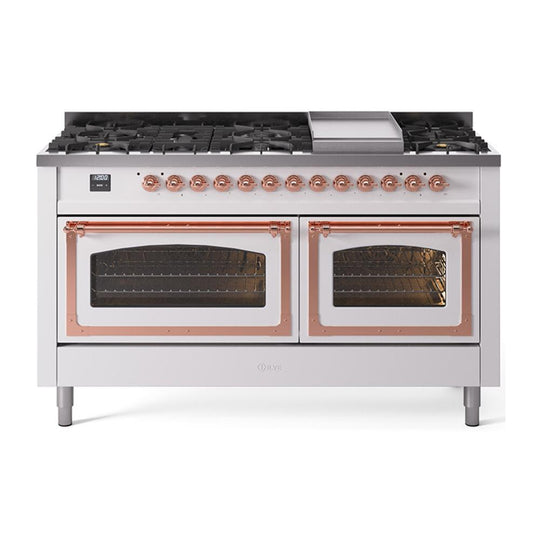 Ilve UN60FNMPWHP Ilve Un60Fnmpwhp Nostalgie Ii Noblesse 60" Dual Fuel Range (9 Sealed Burners + Griddle, Natural Gas, Triple Glass Door, White, Copper)