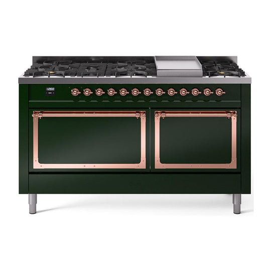 Ilve UN60FQNMPEGP Ilve Un60Fqnmpegp Nostalgie Ii Noblesse 60" Dual Fuel Range (9 Sealed Burners + Griddle, Natural Gas, Solid Door, Emerald Green, Copper)