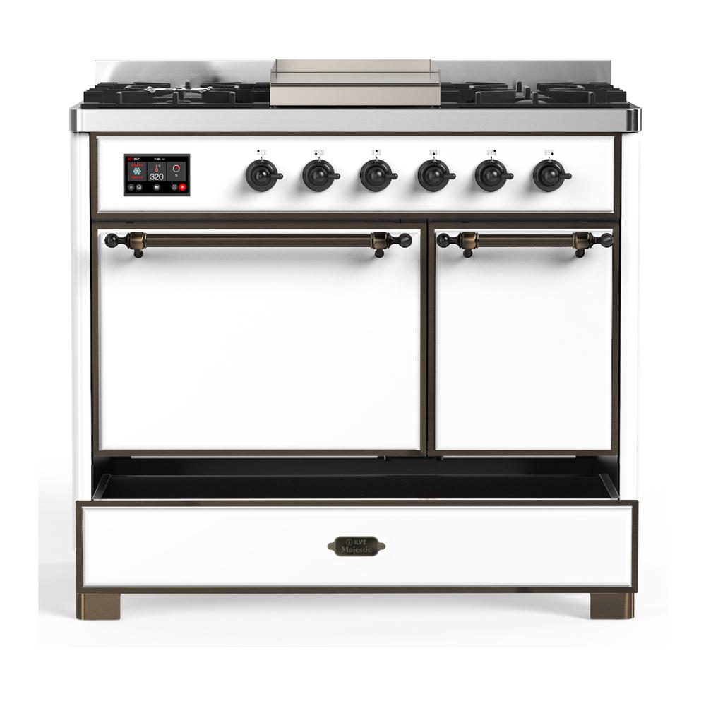 Ilve UMD40FQNR3WHBLP Ilve Umd40Fqnr3Whblp Majestic Iii 40 Inch Dual Fuel Range With 6 Burners And Griddle, Dual Function Burner Up To 25,000 Btu (Liquid Propane, Solid Door, White, Burnished)