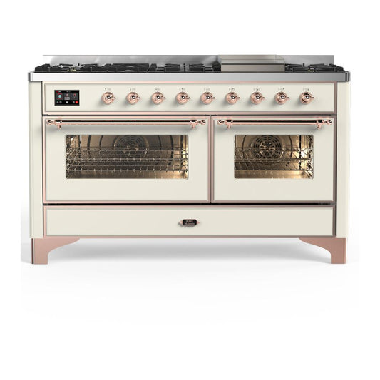 Ilve UM60FNR3AWP Ilve Um60Fnr3Awp Majestic Iii 60 Inch Dual Fuel Range With 9 Burners And Griddle, Dual Function Burner Up To 25,000 Btu (Natural Gas, Triple Glass Door, Antique White, Copper)