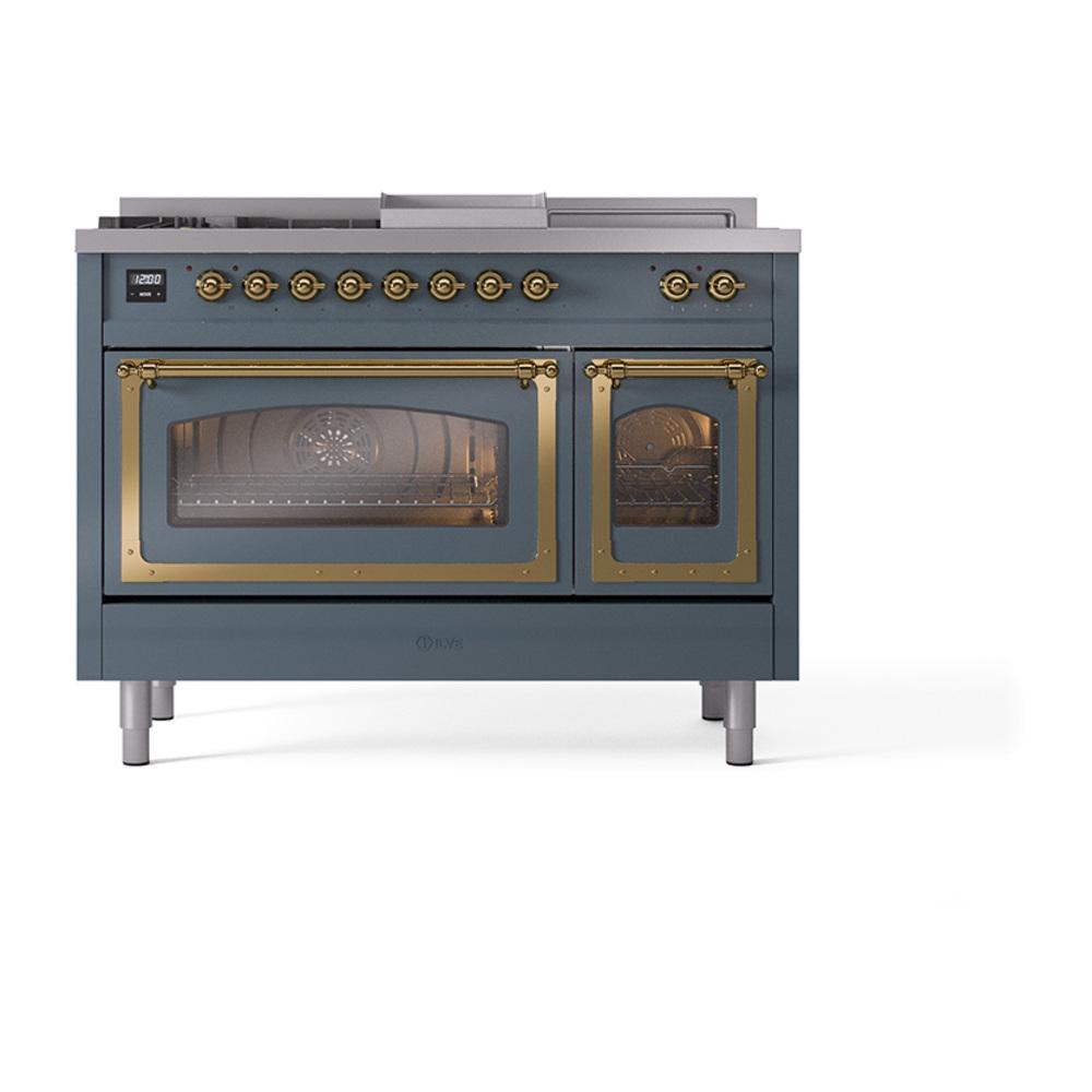 Ilve UN48FSNMPBGG Ilve Un48Fsnmpbgg Nostalgie Ii Noblesse 48" Dual Fuel Range (5 Sealed Burners + Griddle + French Top, Natural Gas, Triple Glass Door, Blue Grey, Brass)