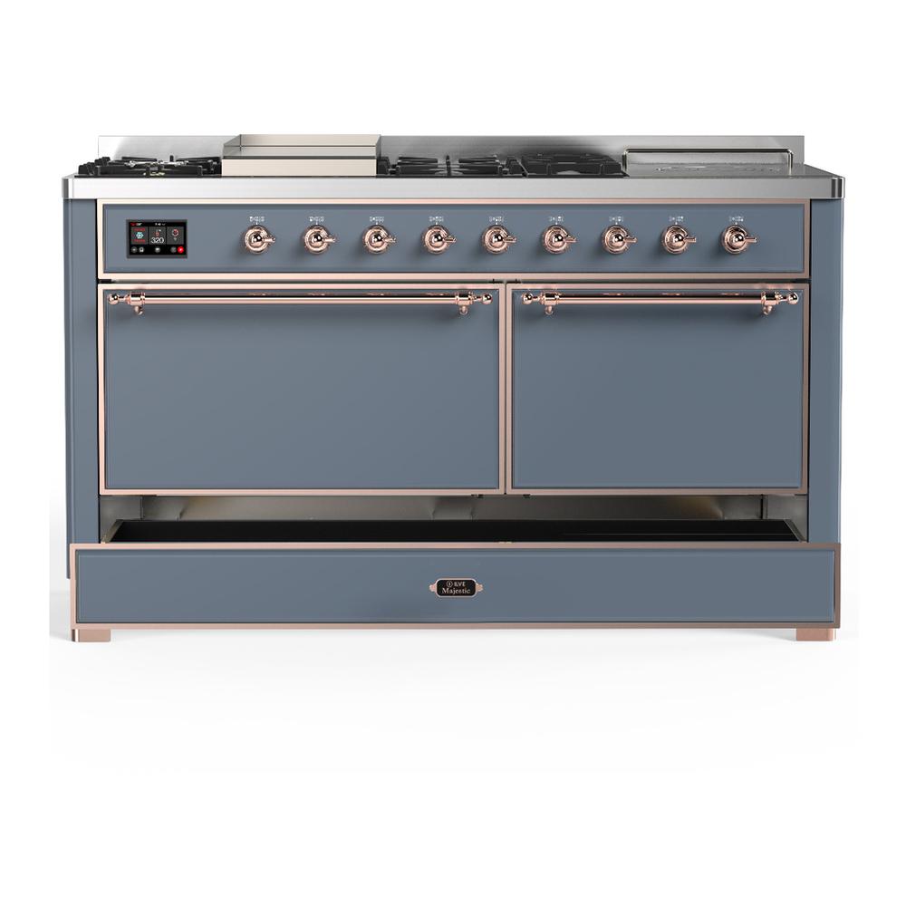 Ilve UM60FSQNR3BGPLP Ilve Um60Fsqnr3Bgplp Majestic Iii 60 Inch Dual Fuel Range With 7 Burners, Griddle And French Top, Dual Function Burner With Up To 25,000 Btu (Liquid Propane, Solid Door, Blue Grey, Copper)