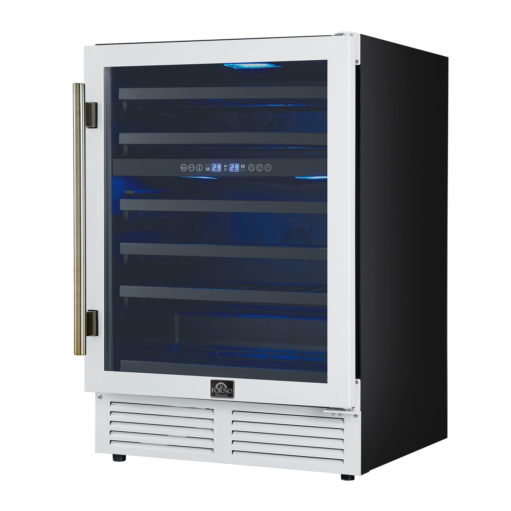 Forno FWCDR663424WHT Forno Bacchino 24 Inch Wine Cooler, White With Antique Brass Handles, With Led Lighting, Triple Glass Door, 51 Bottle Capacity, Built-In Or Freestanding