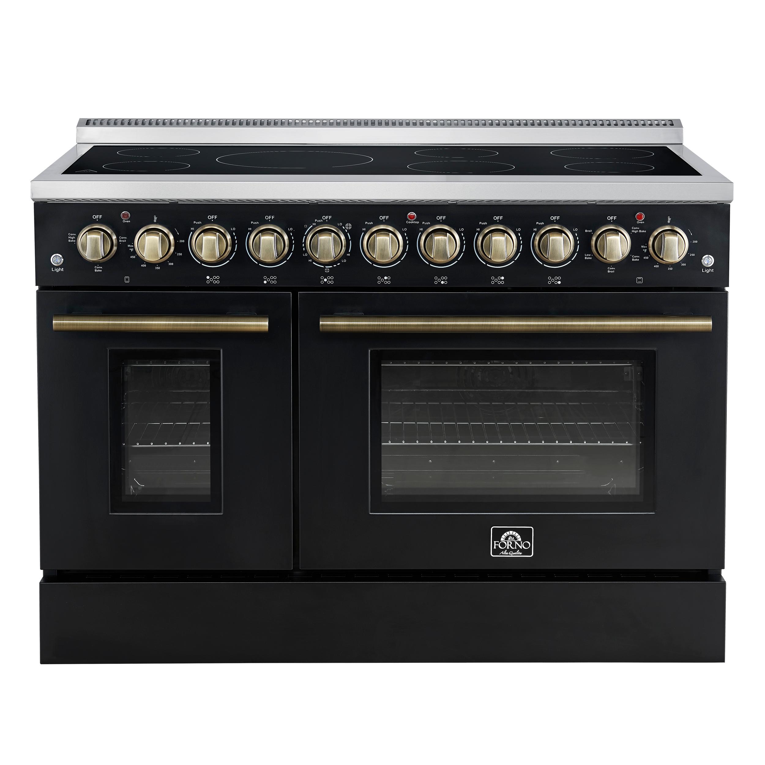 Forno FFSEL601148BLK Forno Paolo 48 Inch Freestanding Electric Range In Black With Antique Brass, 6.7 Cu.Ft, True Convection Oven, Energy Efficient