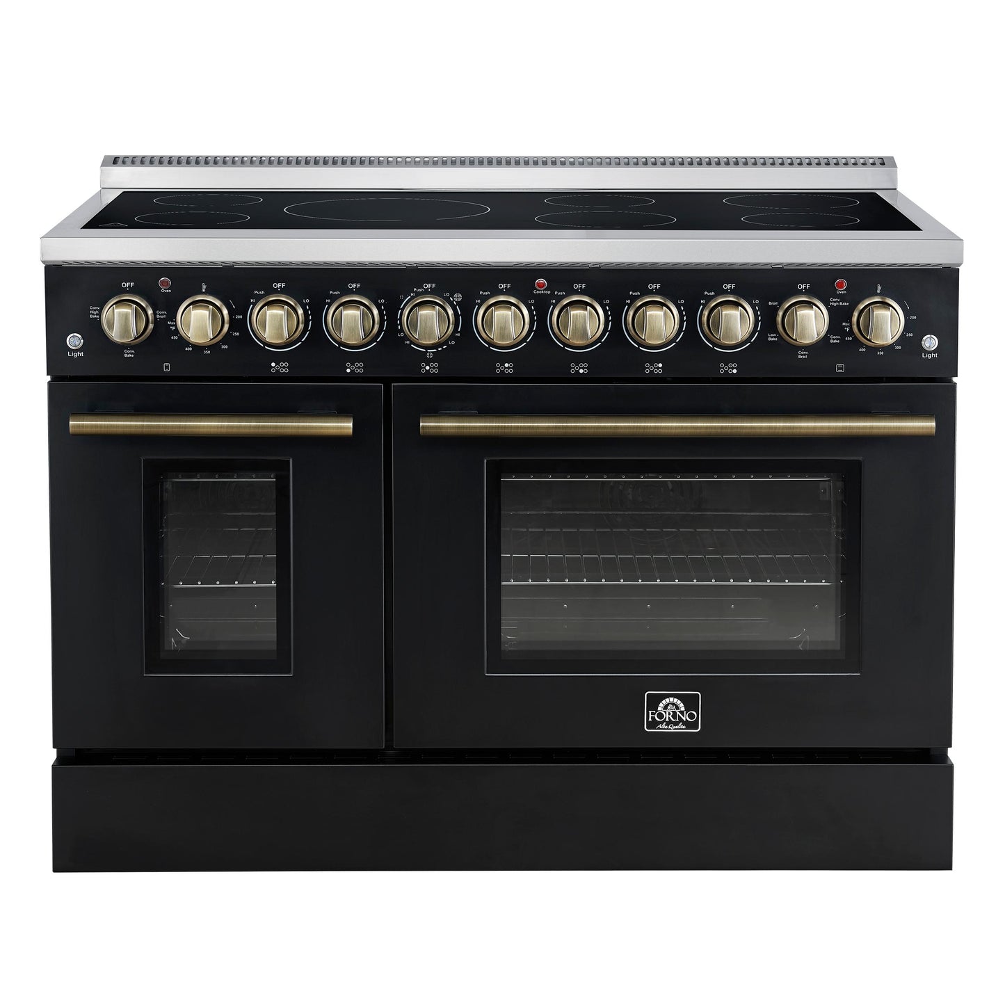 Forno FFSEL601148BLK Forno Paolo 48 Inch Freestanding Electric Range In Black With Antique Brass, 6.7 Cu.Ft, True Convection Oven, Energy Efficient