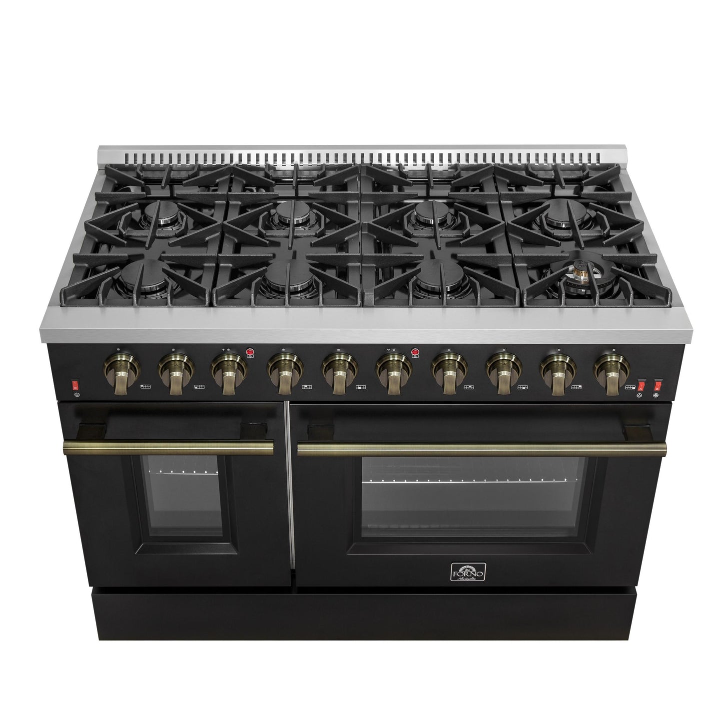 Forno FFSGS624448BLK Forno Galiano 48-Inch Gas Range Black & Antique Brass Design, 8 Burners, 107,000 Btu, Griddle, 6.58 Cu.Ft. Double Ovens
