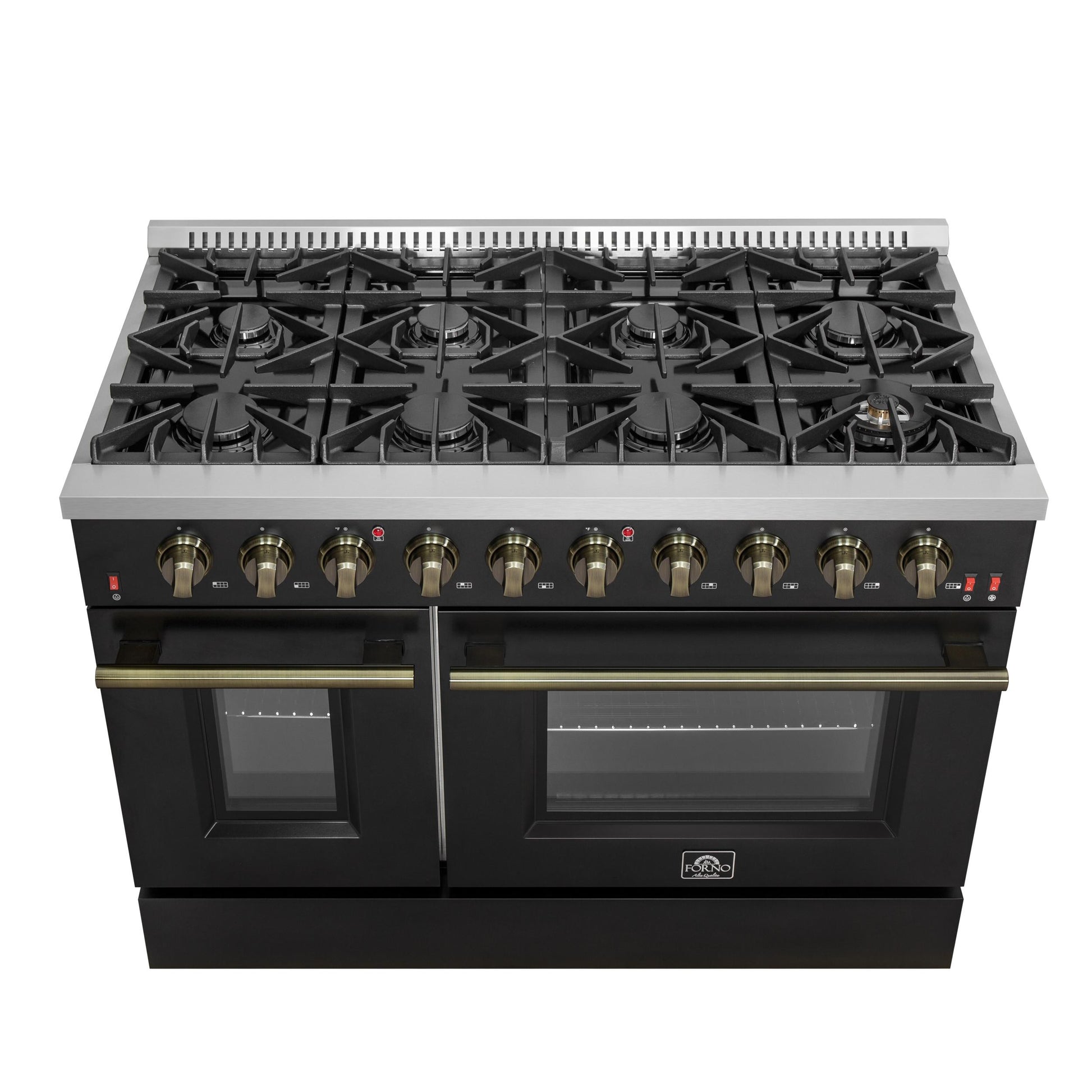 Forno FFSGS624448BLK Forno Galiano 48-Inch Gas Range Black & Antique Brass Design, 8 Burners, 107,000 Btu, Griddle, 6.58 Cu.Ft. Double Ovens