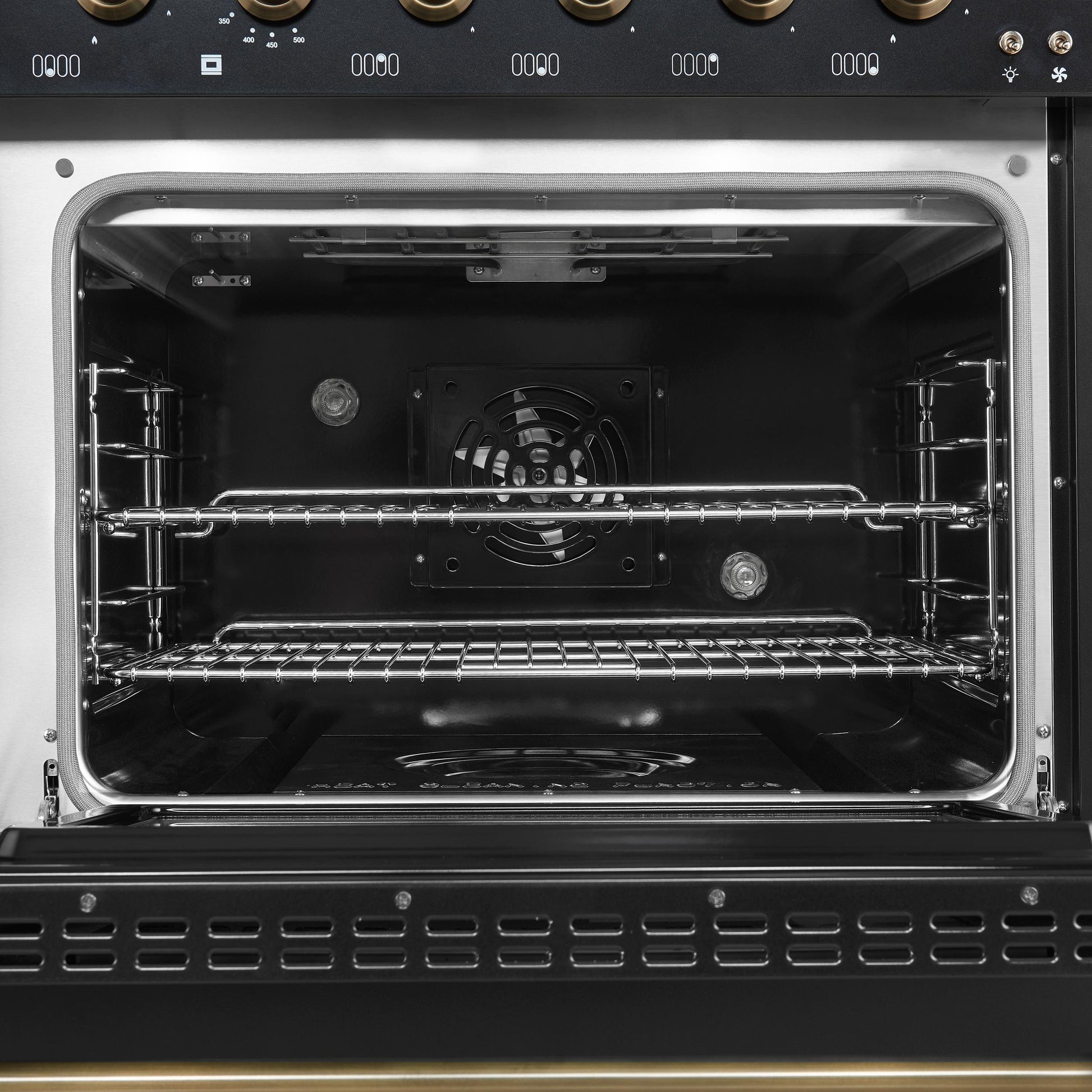 Forno FFSGS611348BLK Forno Antico 48-Inch Dual Fuel Range, Black With Antique Brass Finish, 8 Burners, 94,000 Btu, 5.5 Cu.Ft. Double Ovens & Griddle