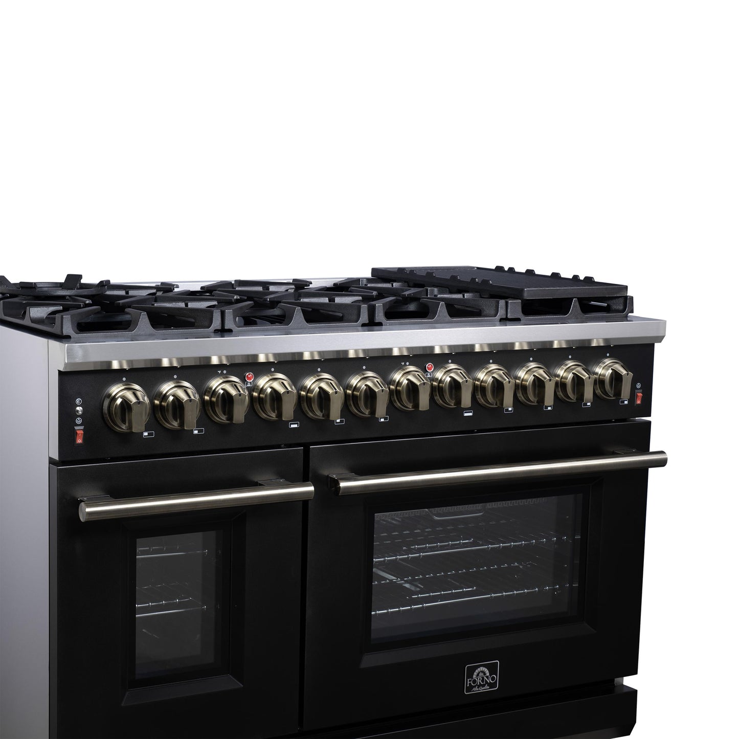 Forno FFSGS612548BLK Forno Massimo 48 Inch Freestanding Dual Fuel Range In Black With Antique Brass Accessories, 8 Burners, 6.58 Cu. Ft. Convection Oven