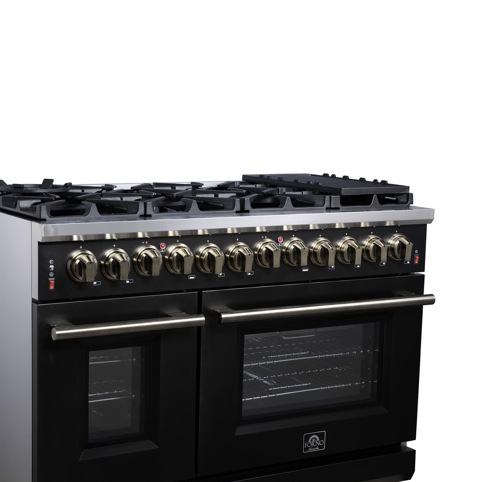 Forno FFSGS612548BLK Forno Massimo 48 Inch Freestanding Dual Fuel Range In Black With Antique Brass Accessories, 8 Burners, 6.58 Cu. Ft. Convection Oven