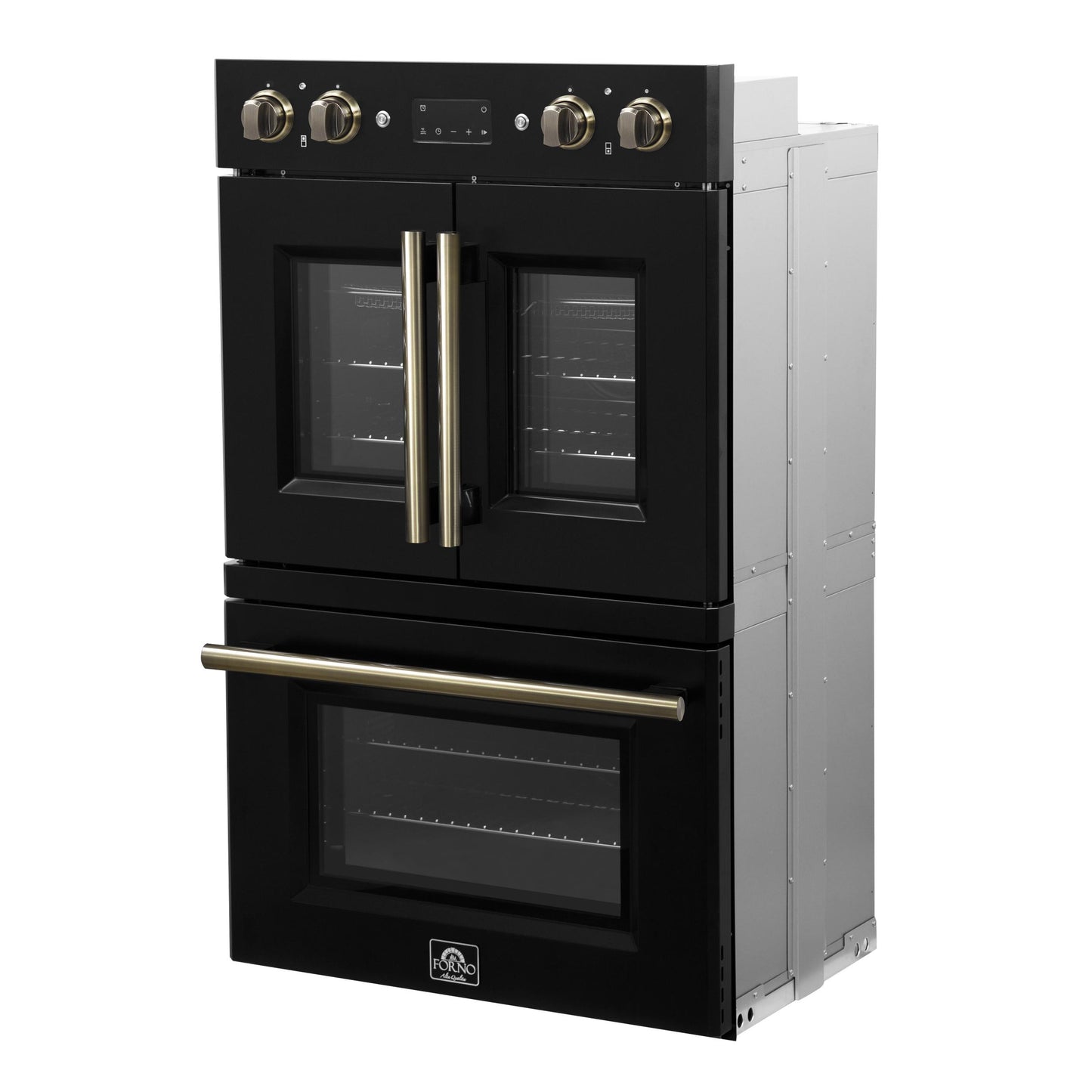 Forno FBOEL134030BLK Forno Asti 30-Inch Double Electric Wall Oven With Upper French Doors In Black & Antique Brass, 7.36 Cu. Ft. Dual True Convection, 7,200W, Air Fry, Sous Vide, Self-Clean