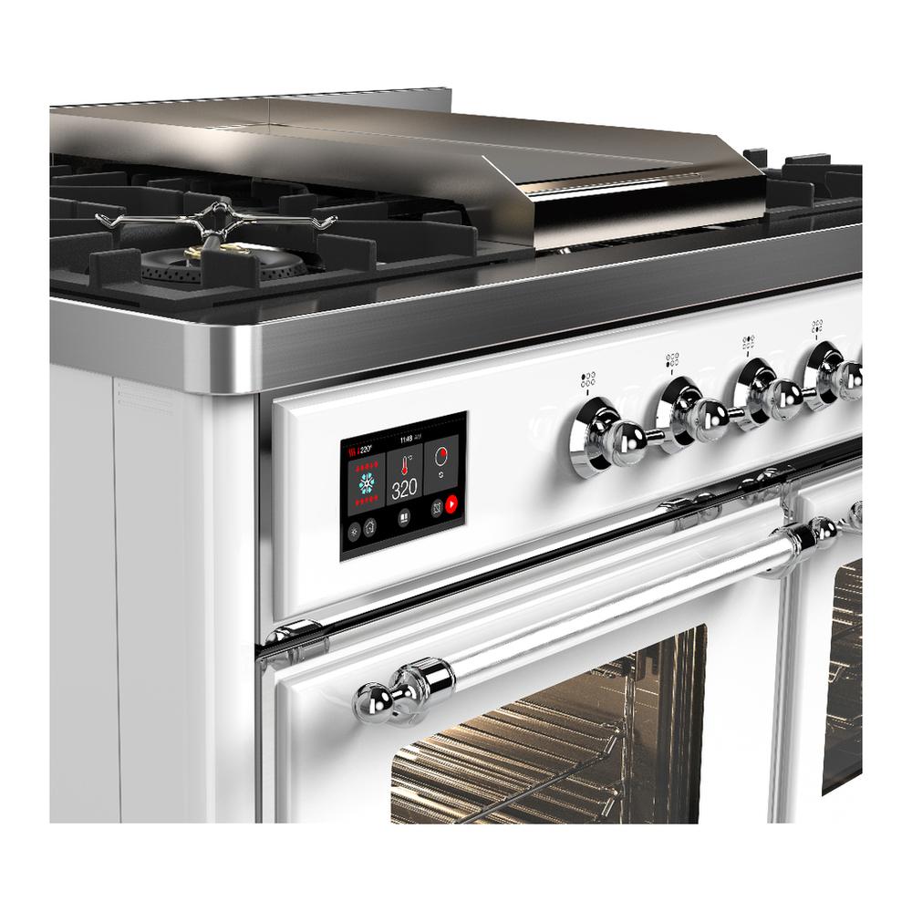 Ilve UMD40FNR3WHCLP Ilve Umd40Fnr3Whclp Majestic Iii 40 Inch Dual Fuel Range With 6 Burners And Griddle, Dual Function Burner Up To 25,000 Btu (Liquid Propane, Triple Glass Door, White, Chrome)