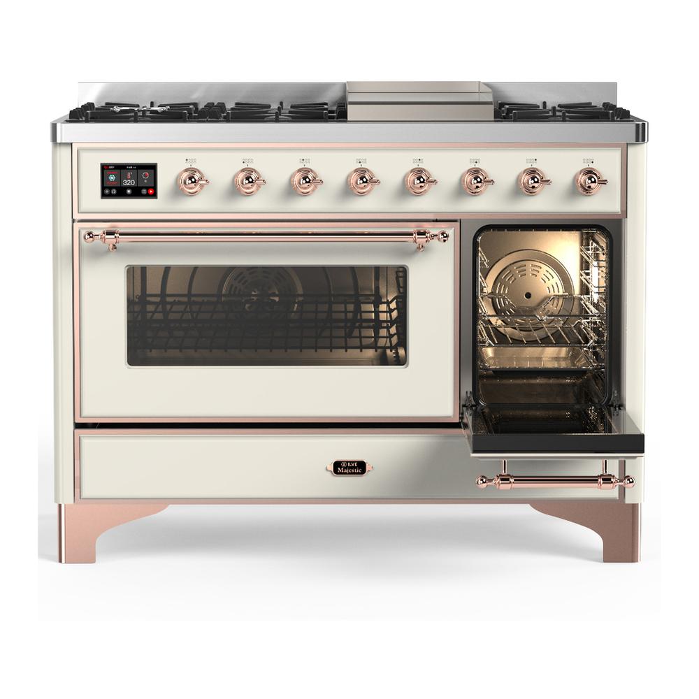 Ilve UM48FNR3AWP Ilve Um48Fnr3Awp Majestic Iii 48 Inch Dual Fuel Range With 8 Burners And Griddle, Dual Function Burner Up To 25,000 Btu (Natural Gas, Triple Glass Door, Antique White, Copper)