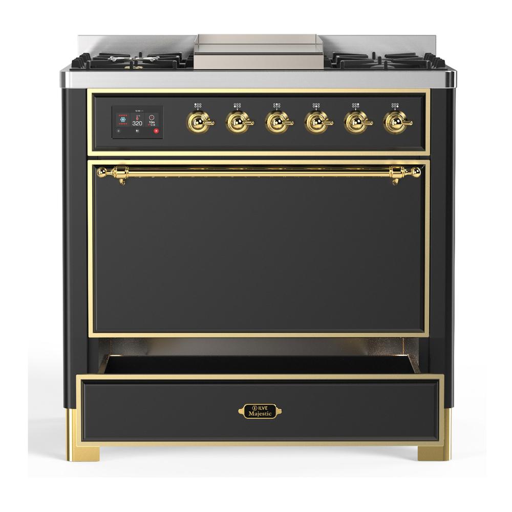 Ilve UM36FQNR3MGGLP Ilve Um36Fqnr3Mgglp Majestic Iii 36 Inch Dual Fuel Range With 6 Black Brass Burners And Griddle, Dual Function Burner Up To 25,000 Btu (Solid Door, Graphite Matte, Brass, Liquid Propane)