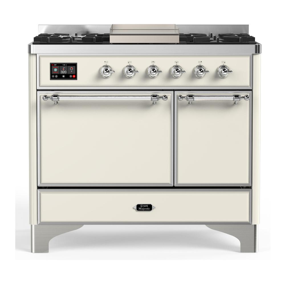 Ilve UMD40FQNR3AWC Ilve Umd40Fqnr3Awc Majestic Iii 40 Inch Dual Fuel Range With 6 Burners And Griddle, Dual Function Burner Up To 25,000 Btu (Natural Gas, Solid Door, Antique White, Chrome)