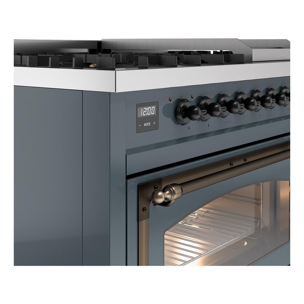 Ilve UN48FNMPBGB Ilve Un48Fnmpbgb Nostalgie Ii Noblesse 48" Dual Fuel Range (8 Sealed Burners + Griddle, Natural Gas, Triple Glass Door, Blue Grey, Burnished)