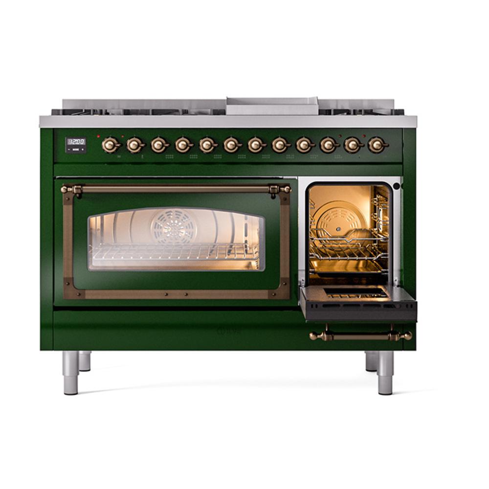 Ilve UN48FNMPEGB Ilve Un48Fnmpegb Nostalgie Ii Noblesse 48" Dual Fuel Range (8 Sealed Burners + Griddle, Natural Gas, Triple Glass Door, Emerald Green, Burnished)