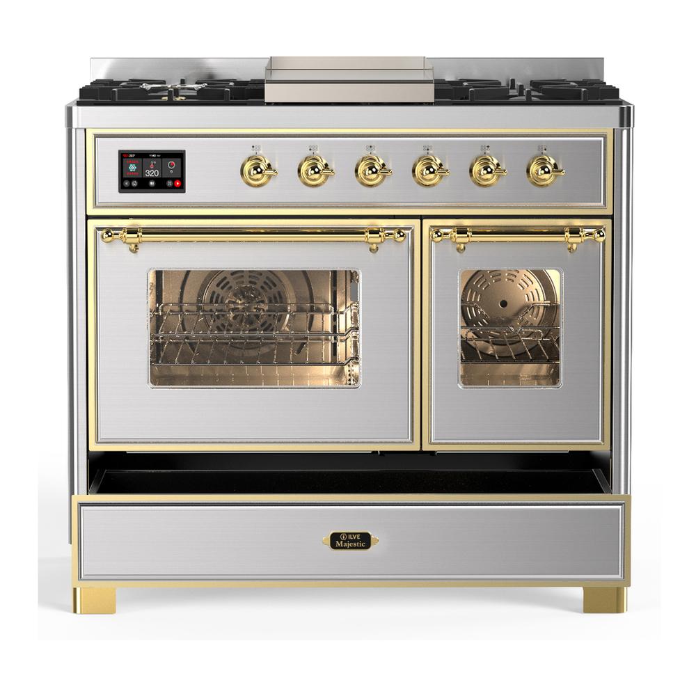 Ilve UMD40FNR3SSG Ilve Umd40Fnr3Ssg Majestic Iii 40 Inch Dual Fuel Range With 6 Burners And Griddle, Dual Function Burner Up To 25,000 Btu (Natural Gas, Triple Glass Door, Stainless Steel, Brass)