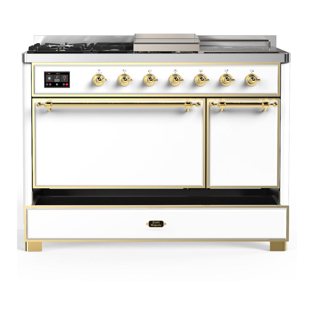 Ilve UM48FSQNR3WHG Ilve Um48Fsqnr3Whg Majestic Iii 48 Inch Dual Fuel Range With 5 Black Brass Burners, Griddle And French Top, Dual Function Burner Up To 25,000 Btu (Natural Gas, Solid Door, White, Brass)