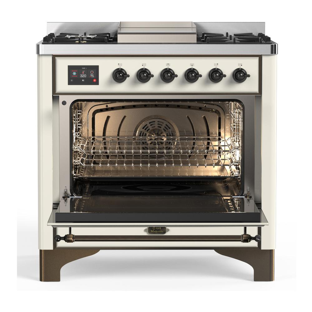 Ilve UM36FQNR3AWB Ilve Um36Fqnr3Awb Majestic Iii 36 Inch Dual Fuel Range With 6 Black Brass Burners And Griddle, Dual Function Burner Up To 25,000 Btu (Solid Door, Antique White, Burnished, Natural Gas)