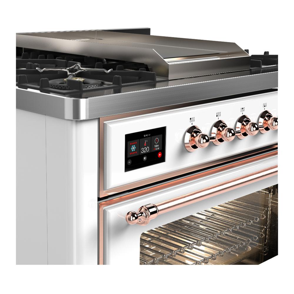 Ilve UM36FNR3WHPLP Ilve Um36Fnr3Whplp Majestic Iii 36 Inch Dual Fuel Range With 6 Black Brass Burners And Griddle, Dual Function Burner Up To 25,000 Btu (Triple Glass Door, White, Copper, Liquid Propane)