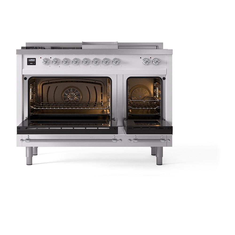Ilve UN48FSNMPWHCLP Ilve Un48Fsnmpwhclp Nostalgie Ii Noblesse 48" Dual Fuel Range (5 Sealed Burners + Griddle + French Top, Liquid Propane, Triple Glass Door, White, Chrome)