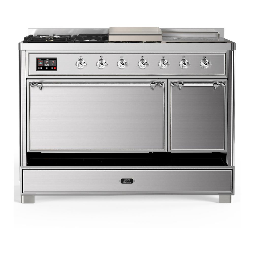 Ilve UM48FSQNR3SSC Ilve Um48Fsqnr3Ssc Majestic Iii 48 Inch Dual Fuel Range With 5 Black Brass Burners, Griddle And French Top, Dual Function Burner Up To 25,000 Btu (Natural Gas, Solid Door, Stainless Steel, Chrome)