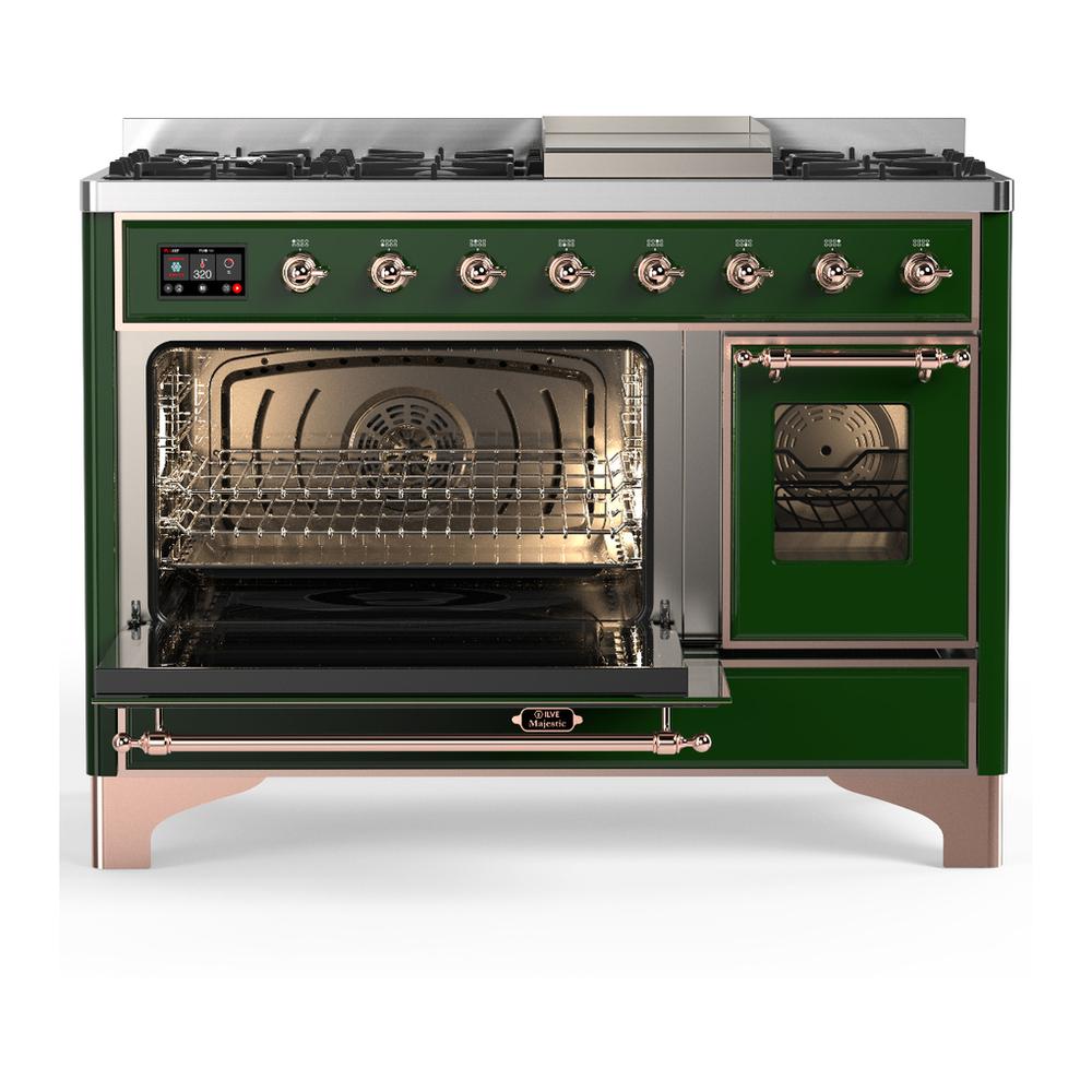 Ilve UM48FNR3EGP Ilve Um48Fnr3Egp Majestic Iii 48 Inch Dual Fuel Range With 8 Burners And Griddle, Dual Function Burner Up To 25,000 Btu (Natural Gas, Triple Glass Door, Emerald Green, Copper)