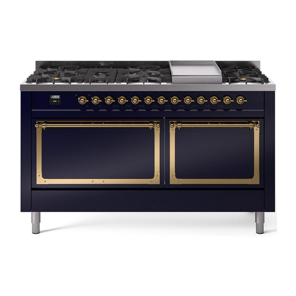 Ilve UN60FQNMPMBG Ilve Un60Fqnmpmbg Nostalgie Ii Noblesse 60" Dual Fuel Range (9 Sealed Burners + Griddle, Natural Gas, Solid Door, Midnight Blue, Brass)